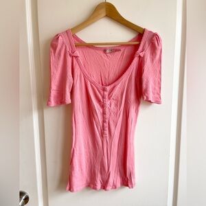Vintage Y2K Juicy Couture Pink Pointelle Henley Top Size Small Bows Juicy Girly
